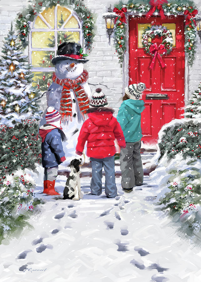 1555 Snowman And Children Mixed Media by The Macneil Studio