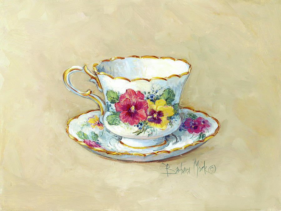 Tea Painting - 1568 Pansy Teacup, Beige Bkg by Barbara Mock