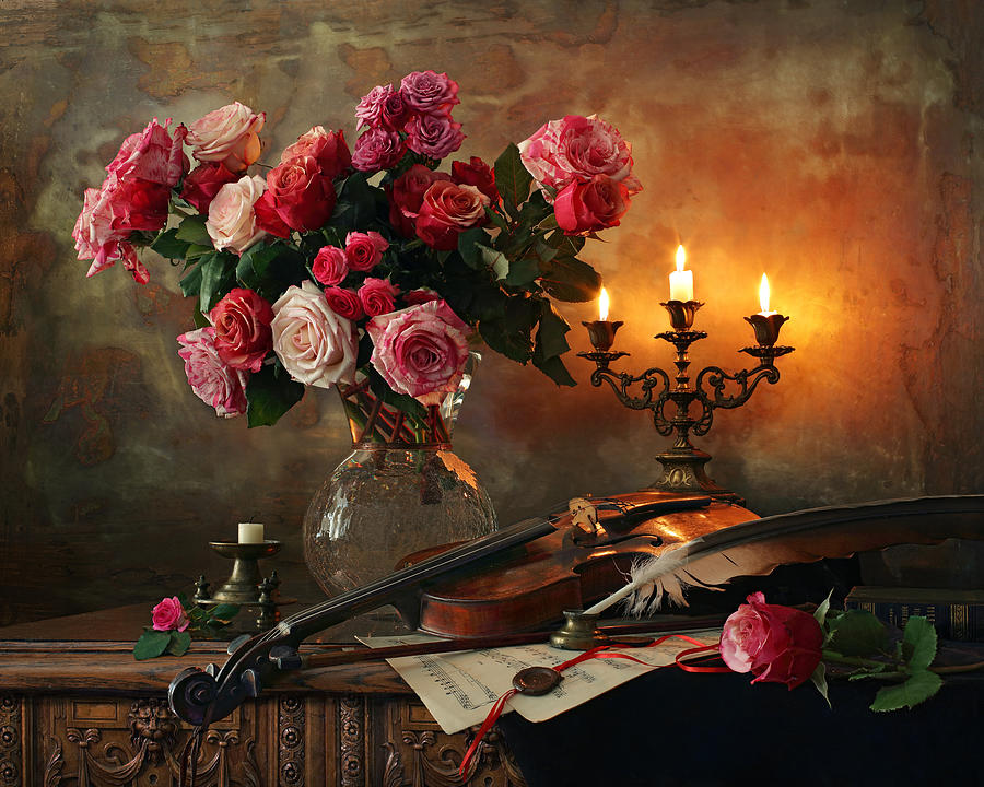Still Life With Violin And Flowers #17 Photograph by Andrey Morozov