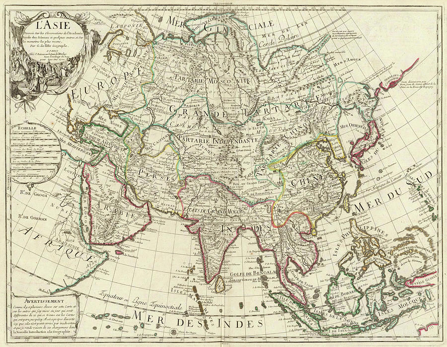 1700 Map Of Asia Drawing by Guillaume de Lisle