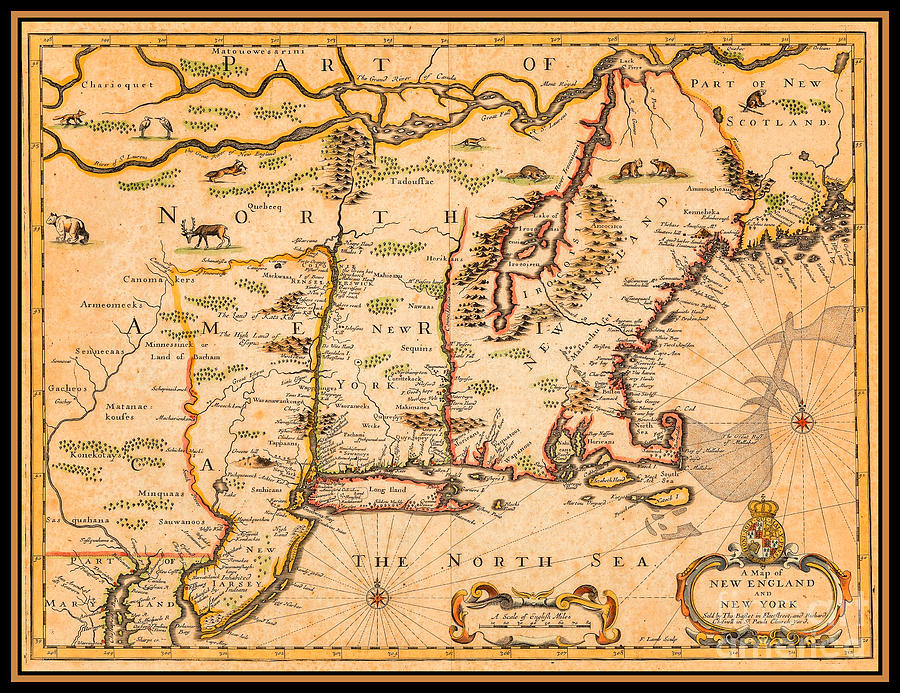 17th Century Colonial Map of New England and New York with Native American Settlements Painting by Peter Ogden