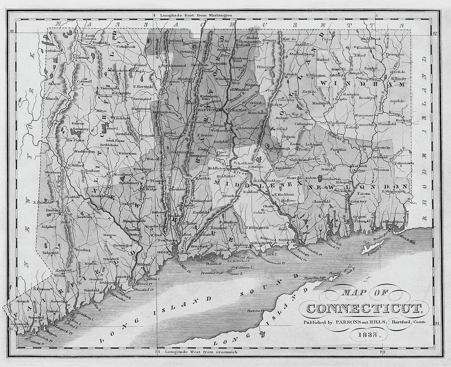1835 Map of Connecticut and Long Island Sound Historical Map Black and White Photograph by Toby McGuire