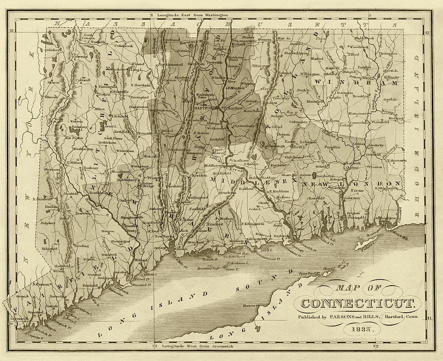 1835 Map of Connecticut and Long Island Sound Historical Map Sepia Digital Art by Toby McGuire