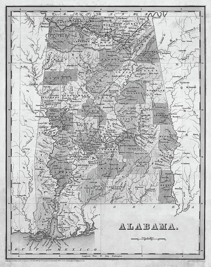 1838 Map of Alabama Historical Map Black and White Digital Art by Toby McGuire
