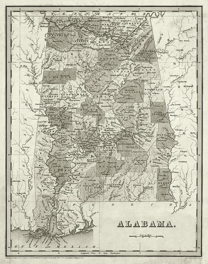 1838 Map of Alabama Historical Map Sepia Digital Art by Toby McGuire