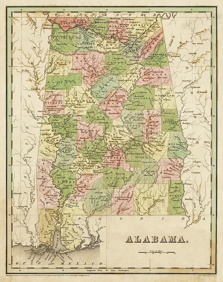 Vintage Digital Art - 1838 Map of Alabama Historical Map by Toby McGuire