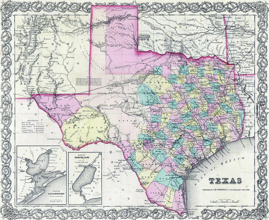 1855 antique map of Texas Photograph by Steve Estvanik
