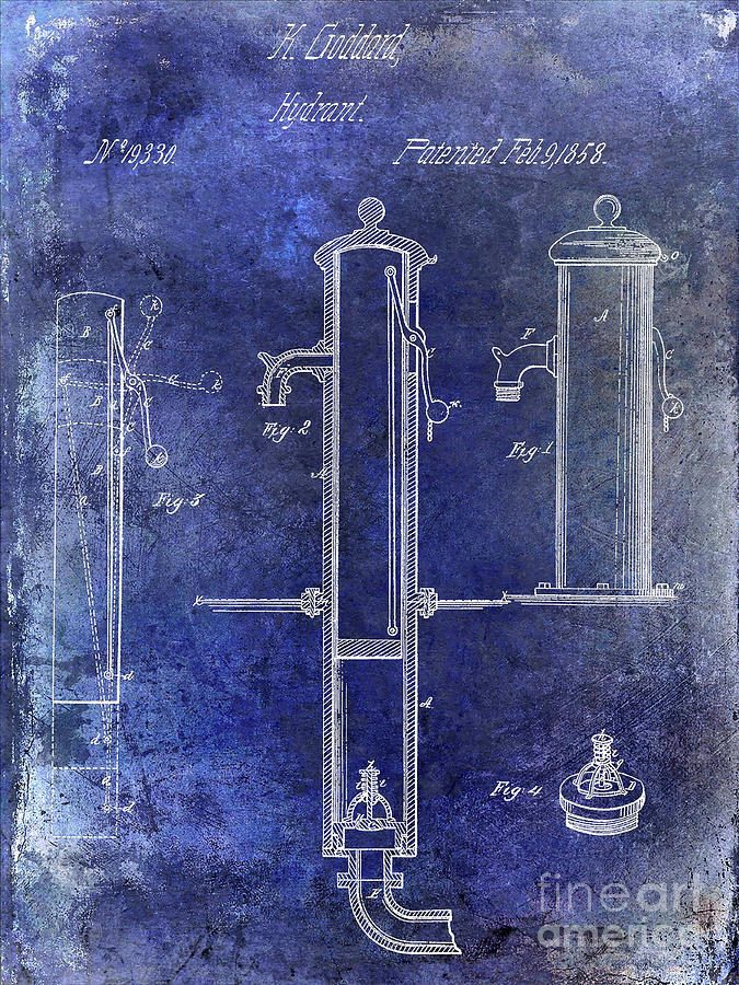 1858 Fire Hydrant Patent Blue Photograph by Jon Neidert