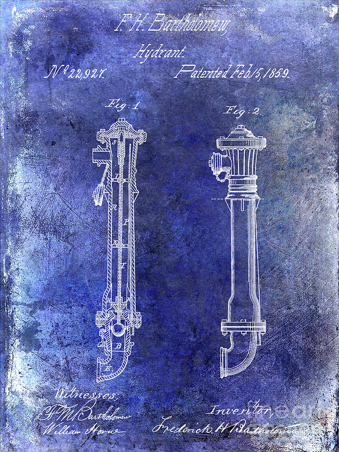 1859 Hire Hydrant Patent Blue Photograph by Jon Neidert