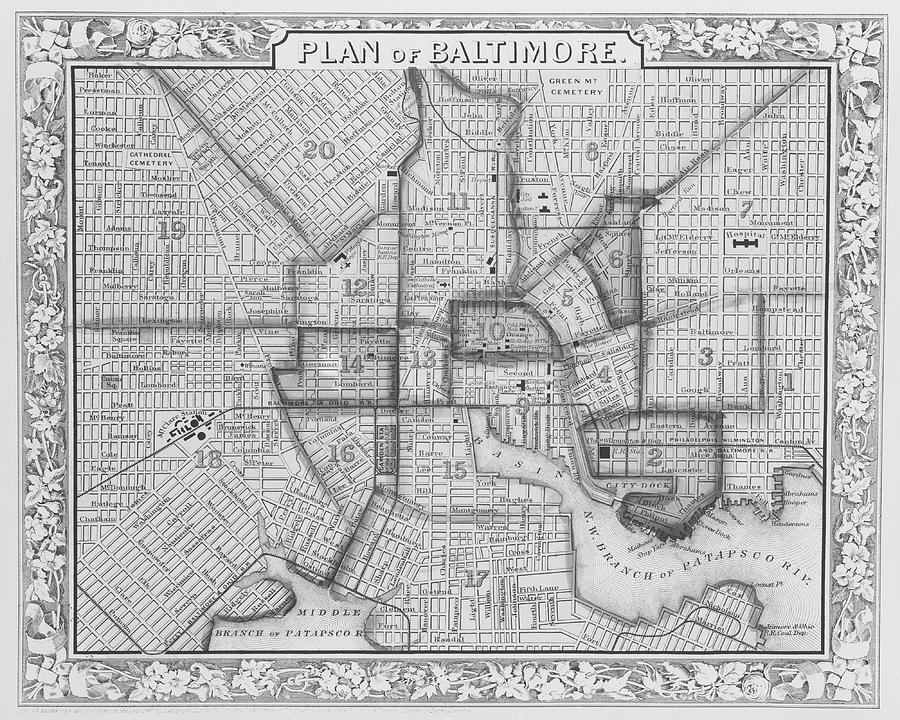 1860 City Planner map of Baltimore Maryland Black and White Digital Art by Toby McGuire