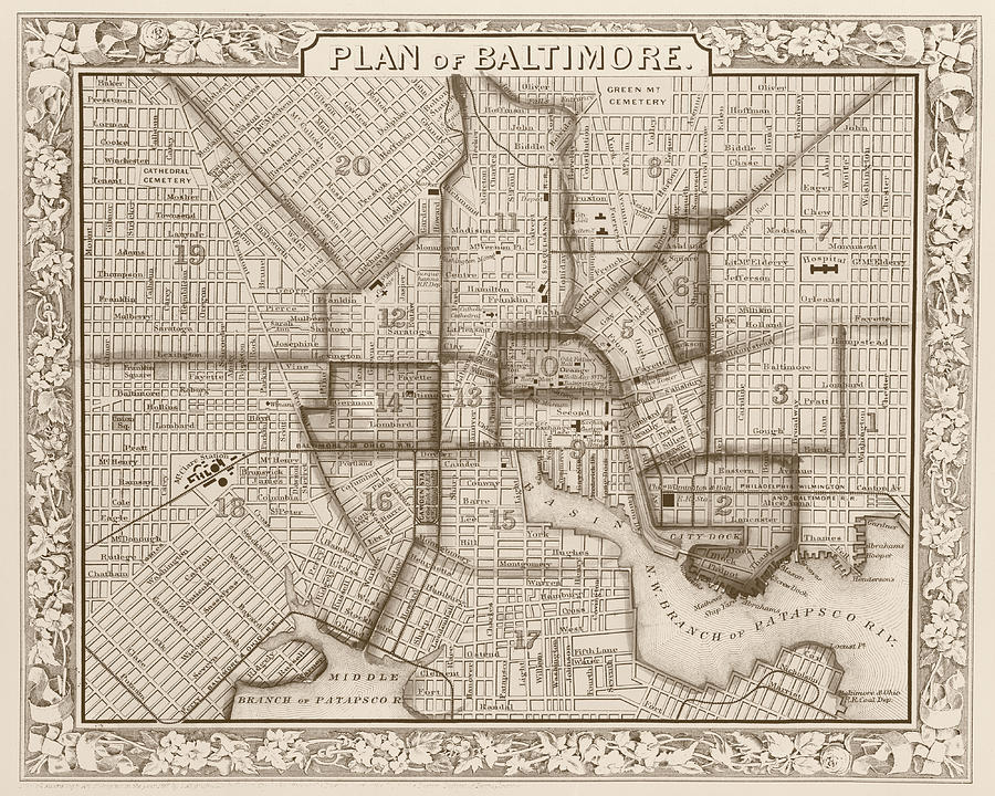 1860 City Planner map of Baltimore Maryland Sepia Digital Art by Toby McGuire