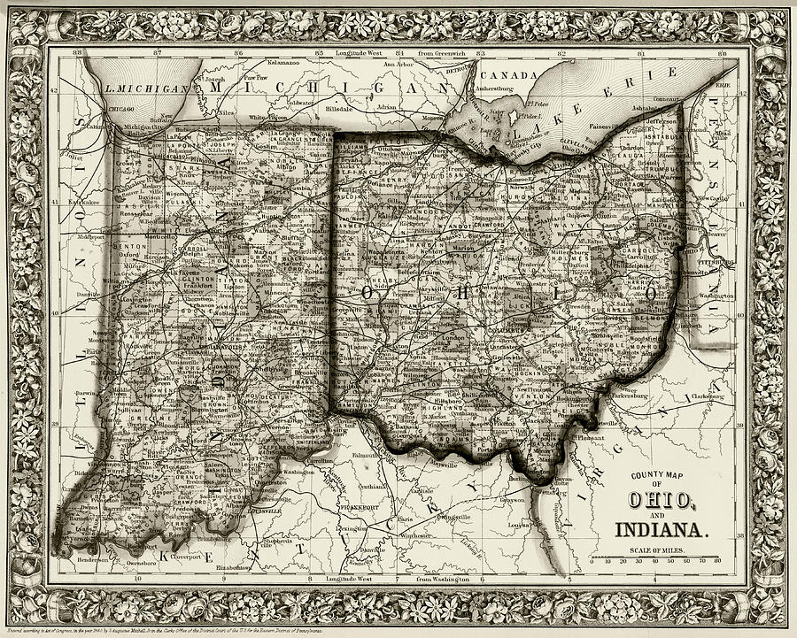 1860 County Map of Ohio And Indiana Sepia Digital Art by Toby McGuire