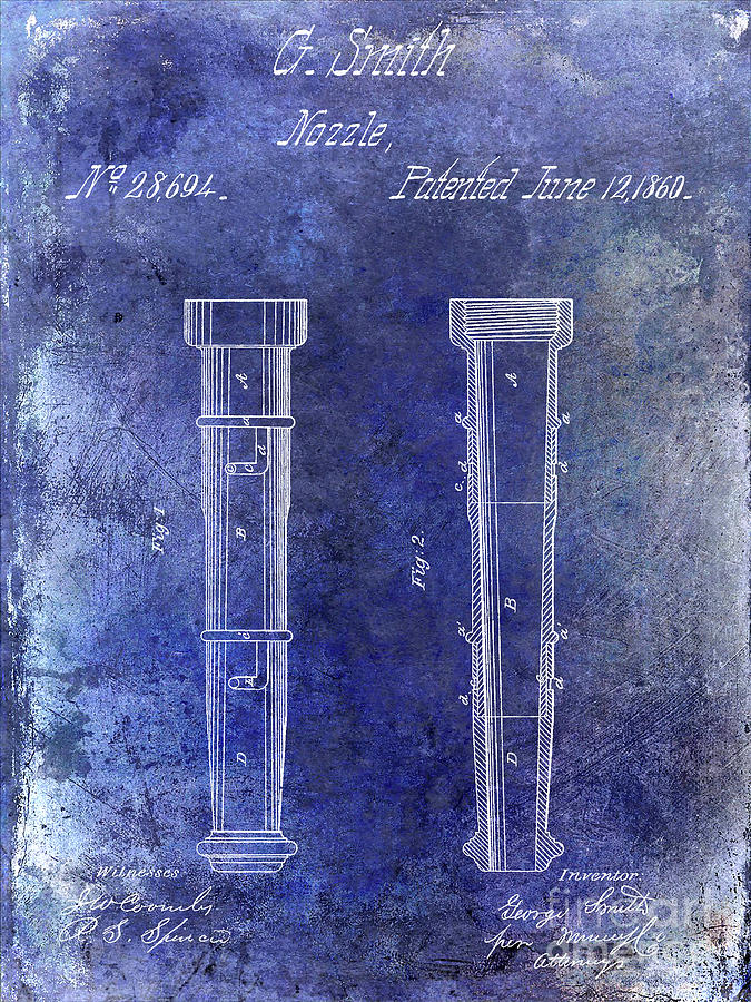 1860 Fire Hose Nozzle Patent Blue Photograph by Jon Neidert