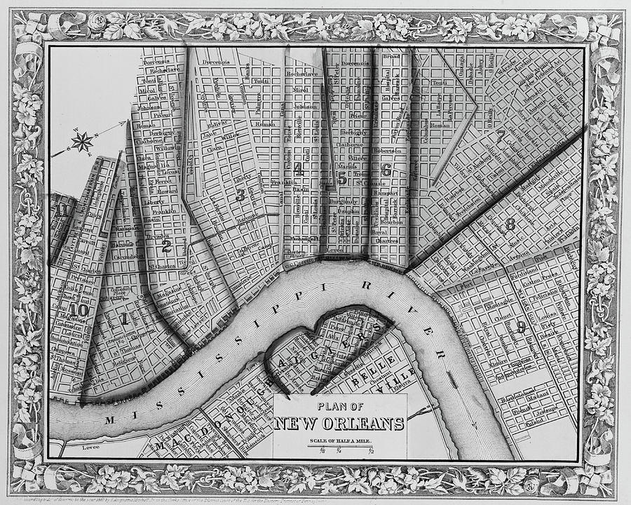 1860 New Orleans City Plan Map Black and White Digital Art by Toby McGuire