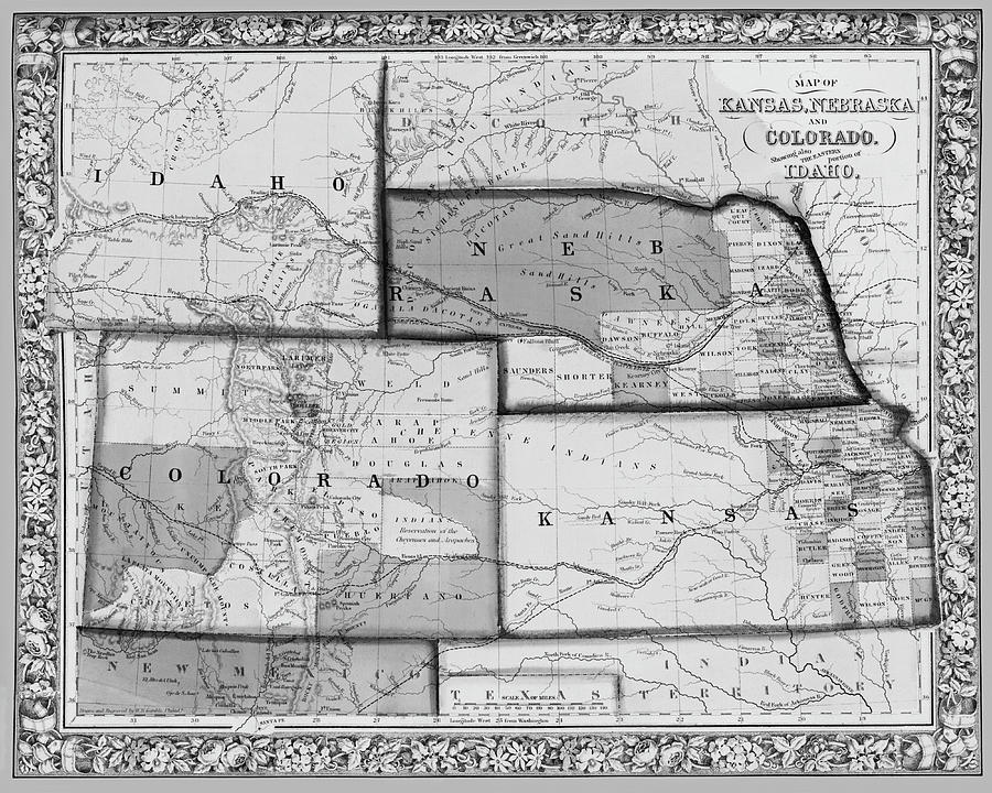 1861 Map of Idaho Nebraska Colorado and Kansas Black and White Digital Art by Toby McGuire