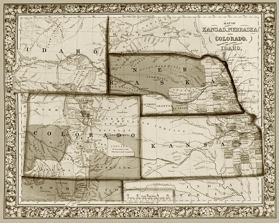 1861 Map of Idaho Nebraska Colorado and Kansas Sepia Digital Art by Toby McGuire
