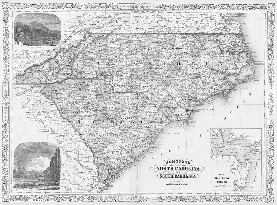1865 map of North and South Carolina NC SC Black and White Digital Art by Toby McGuire