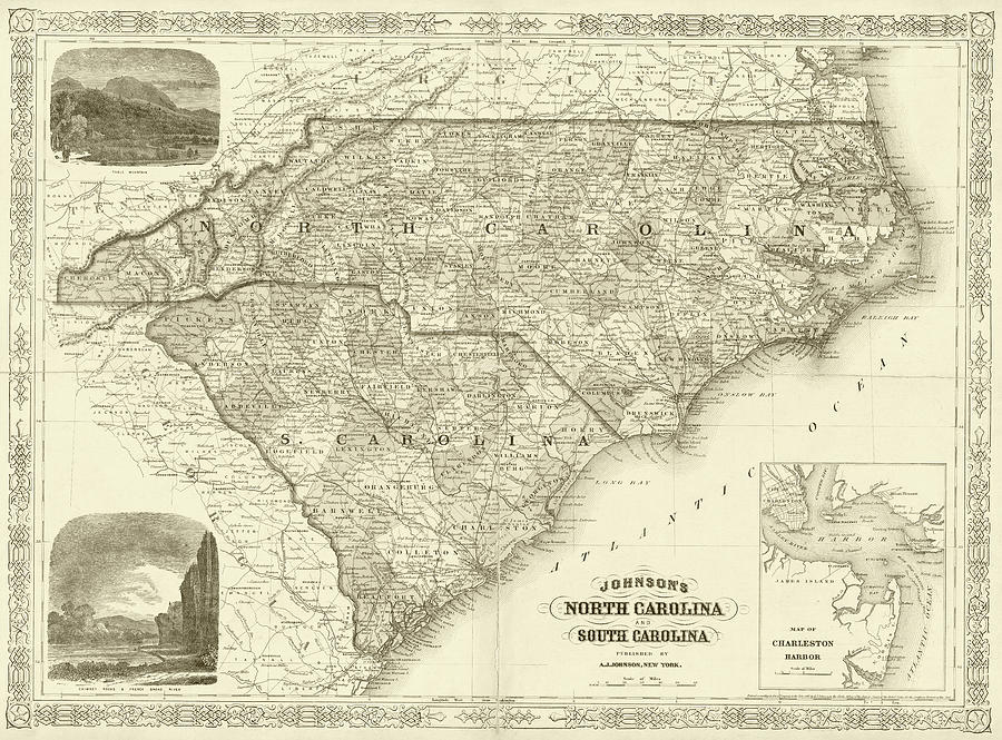 1865 map of North and South Carolina NC SC Sepia Digital Art by Toby McGuire