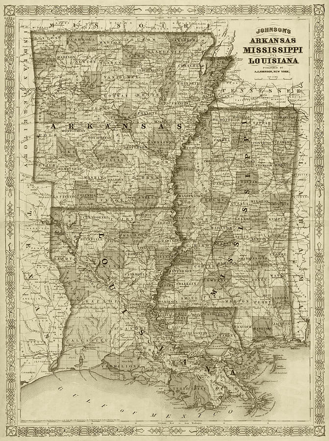 1866 Map of Arkansas Mississippi and Louisiana Historical Map Sepia Digital Art by Toby McGuire