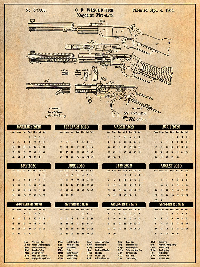 1866 Winchester Lever Action Rifle Calendar Patent Print Antique Paper