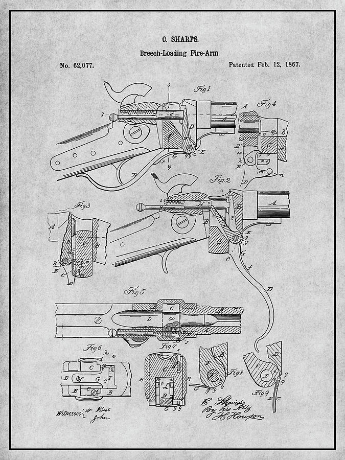 1867 Sharps Breech Loading Rifle Gray Patent Print Drawing by Greg Edwards