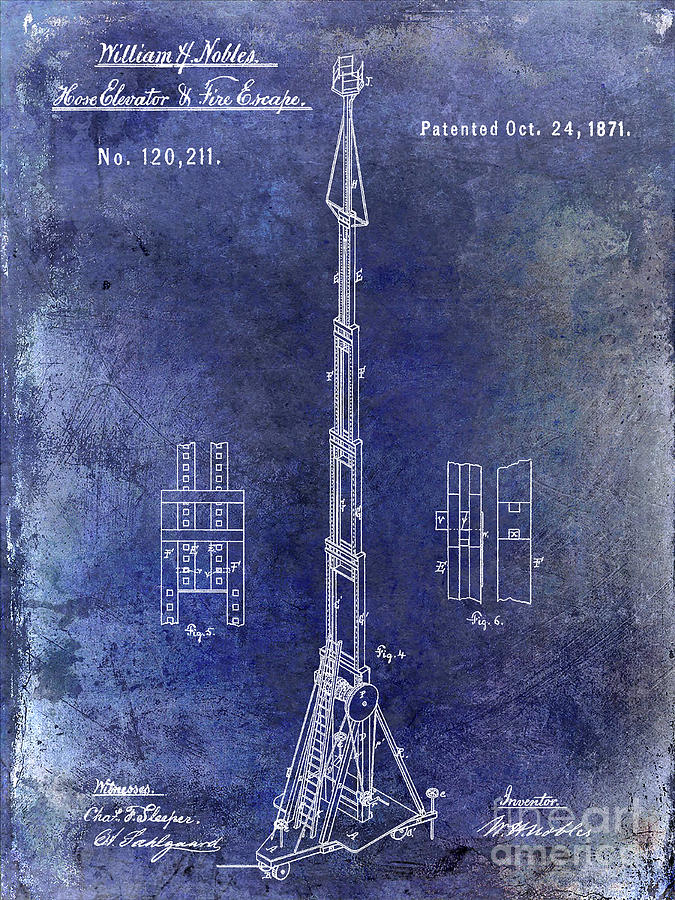 1871 Fire Hose Elevator Patent Blue Photograph by Jon Neidert