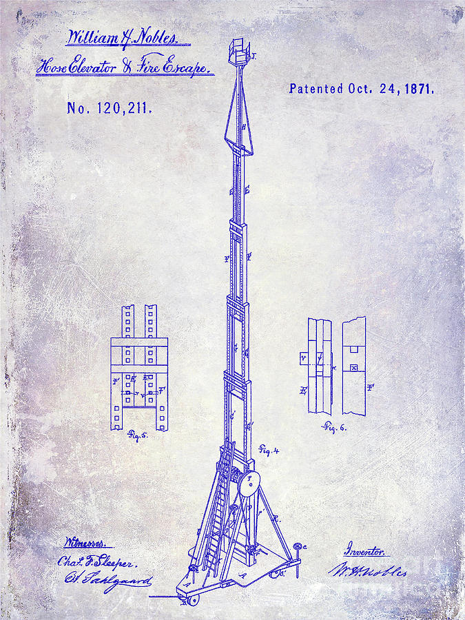 1871 Fire Hose Elevator Patent Blueprint  Photograph by Jon Neidert
