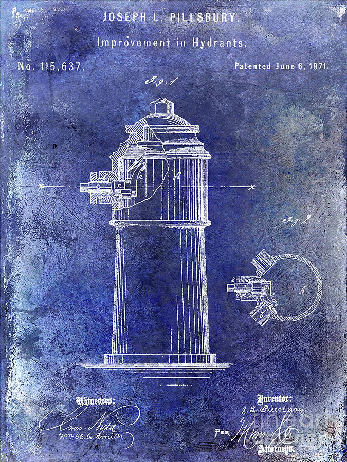 1871 Fire Hydrant Patent Blue Photograph by Jon Neidert