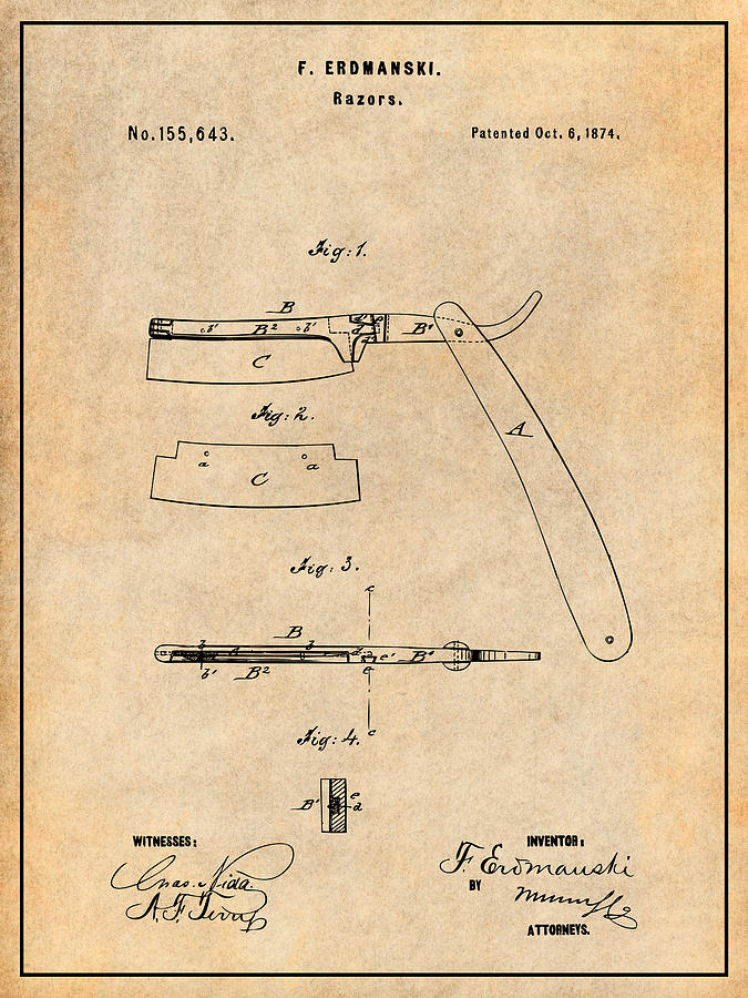 1874 Straight Razor Antique Paper Patent Print Photograph by Greg Edwards