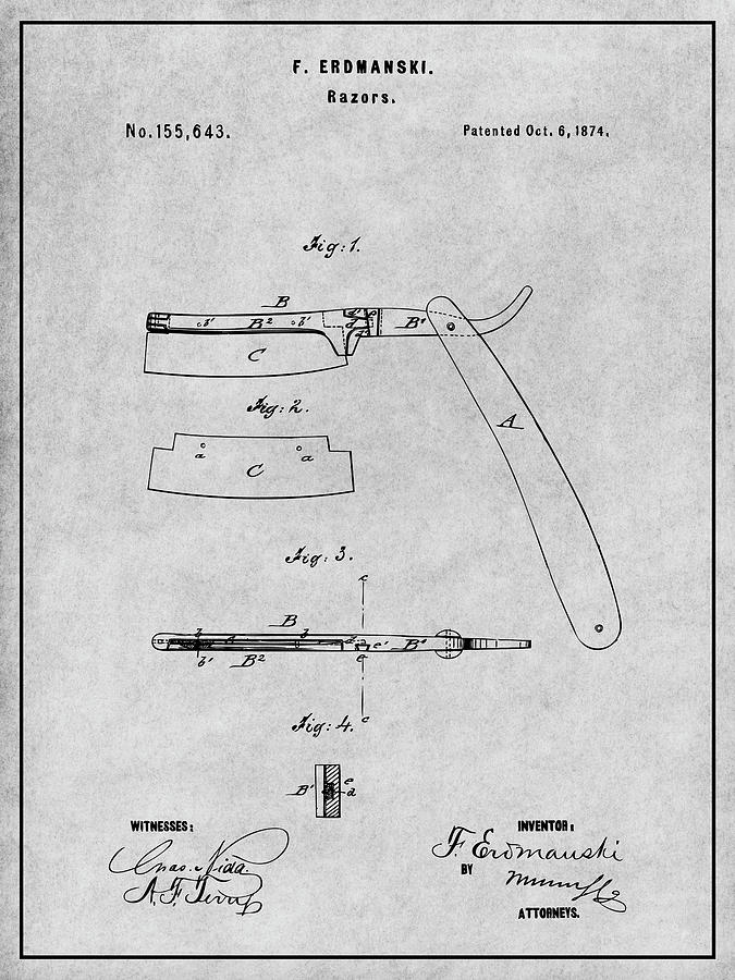1874 Straight Razor Gray Patent Print Drawing by Greg Edwards