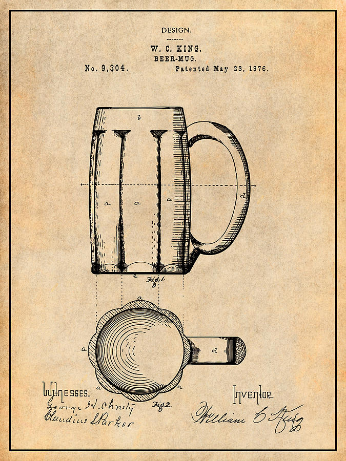 1876 Beer Mug Patent Print Antique Paper Drawing by Greg Edwards - Fine ...