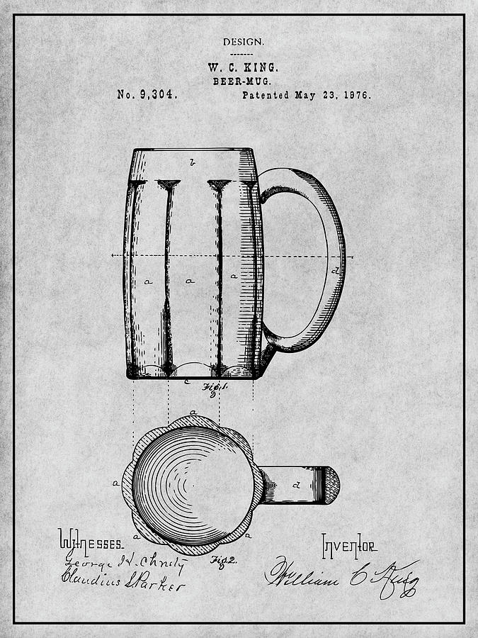 1876 Beer Mug Patent Print Gray Drawing by Greg Edwards