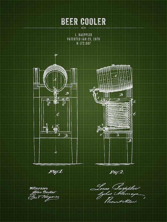 1876 Brewing Cooler - Dark Green Blueprint Digital Art