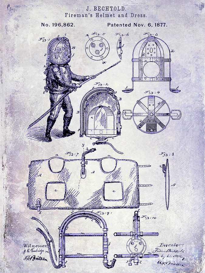 1877 Firemans Helmet and Dress Patent  Blueprint Photograph by Jon Neidert