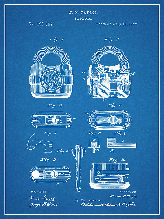 Padlock vintage patent drawing - Lock - Sticker