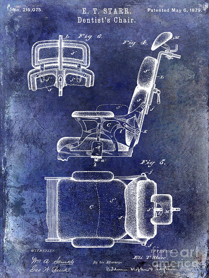 1879 Dentist Chair Patent Blue Photograph by Jon Neidert