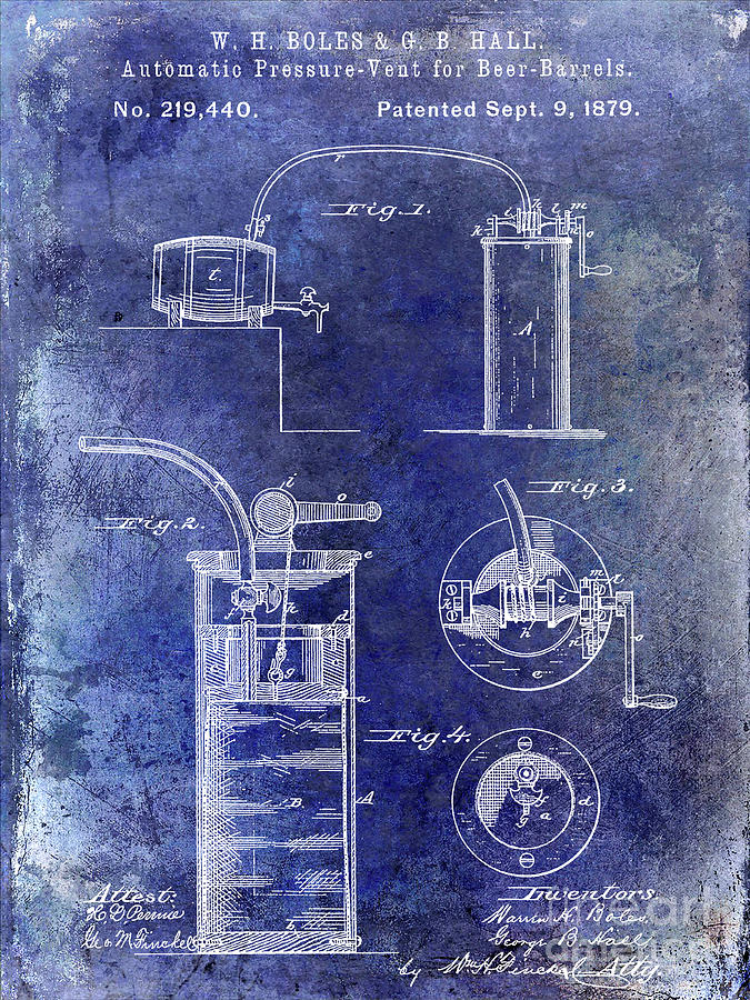 1879 Pressure Vent for Beer Barrels Patent Blue Photograph by Jon Neidert