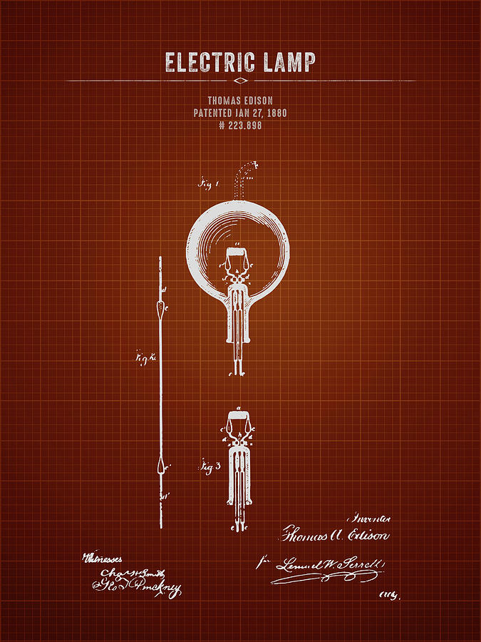 1880 Thomas Edison Electric Lamp - Dark Red Blueprint Digital Art by ...