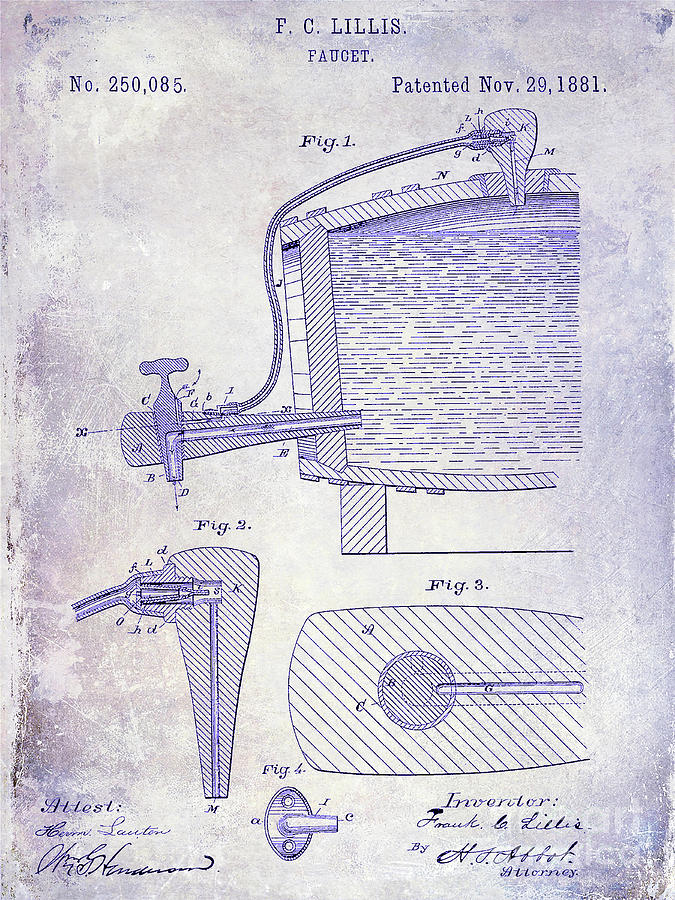 1881 Beer Faucet Patent Blueprint Photograph by Jon Neidert
