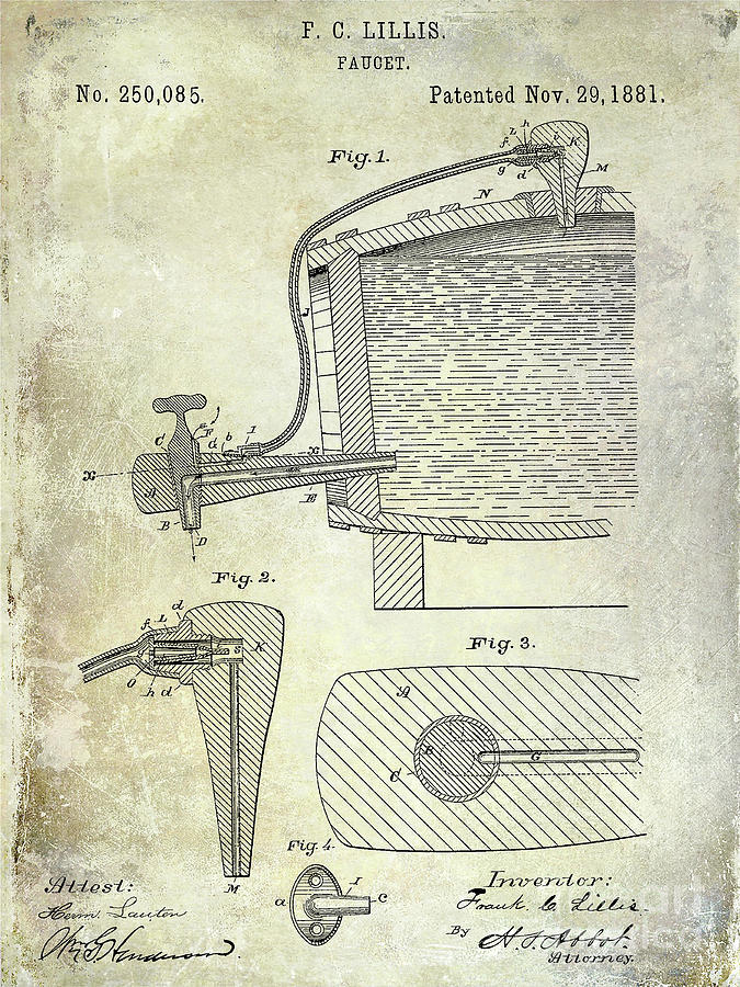 1881 Beer Faucet Patent Photograph by Jon Neidert