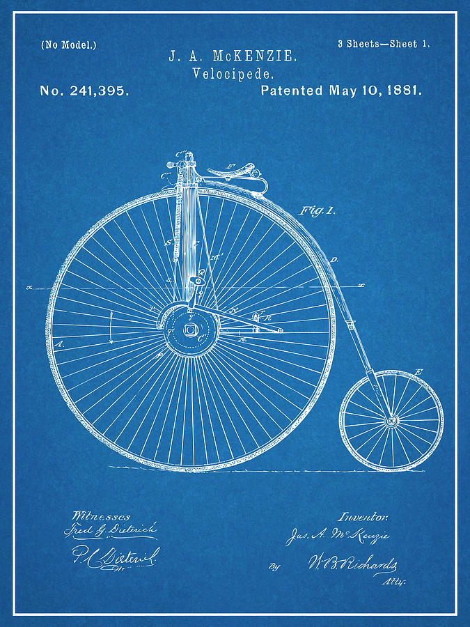 1881 J. A. McKenzie Velocipede Bicycle Blueprint Patent Print Drawing by Greg Edwards