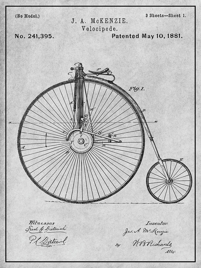 1881 J. A. McKenzie Velocipede Bicycle Gray Patent Print Drawing by Greg Edwards
