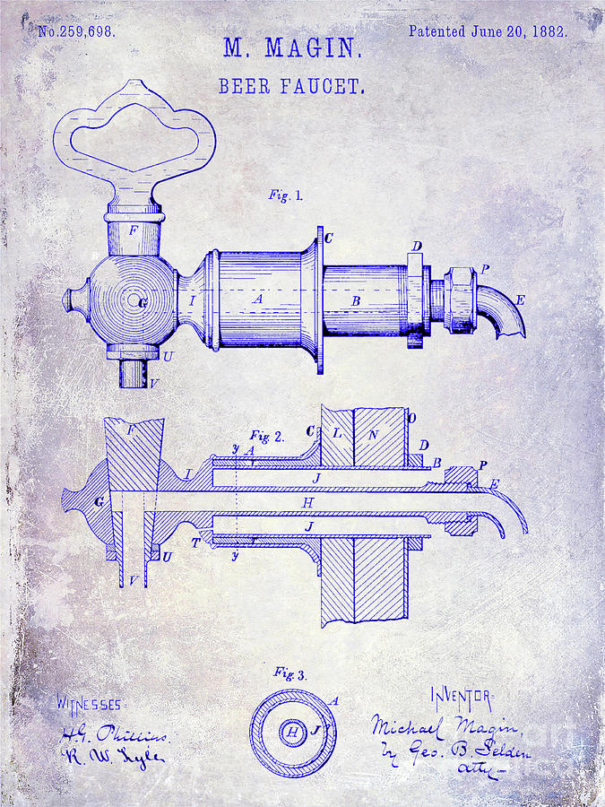Beer Photograph - 1882 Beer Faucet Patent Blueprint by Jon Neidert Beer Photograph - 1882 Beer Faucet Patent Blueprint by Jon Neidert
