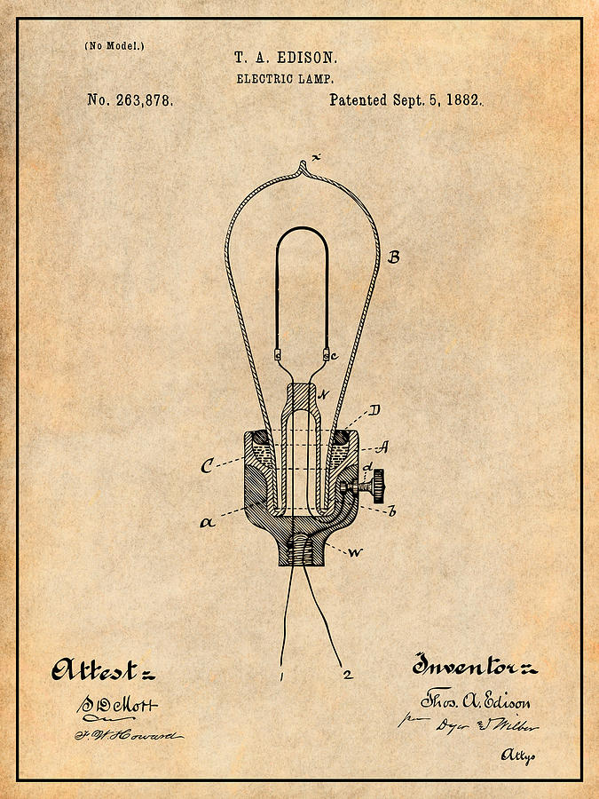 1882 Edison Bulb Antique Paper Patent Print Drawing by Greg Edwards ...