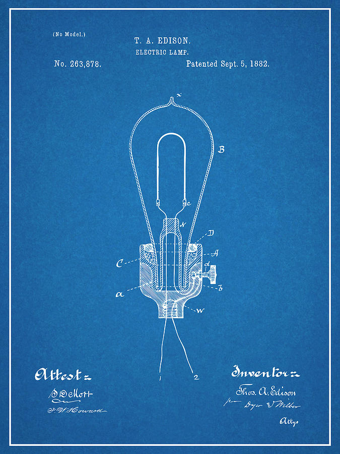 1882 Edison Bulb Blueprint Patent Print Drawing by Greg Edwards Fine