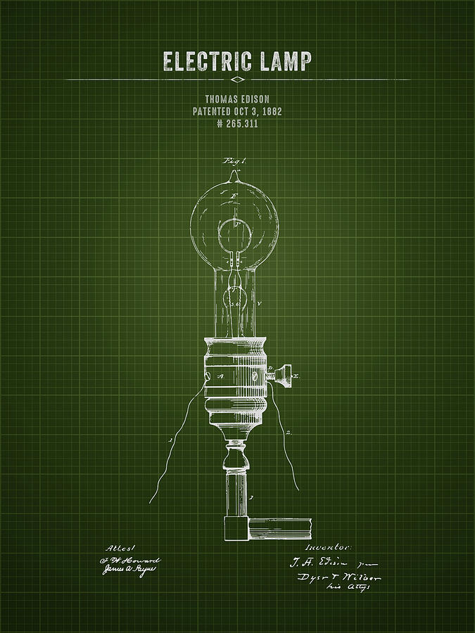 1882 Thomas Edison Electric Lamp - Dark Green Blueprint Digital Art By 