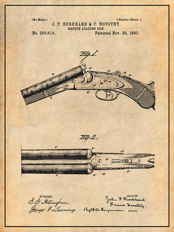 1883 Breech Loading Shotgun Antique Paper Patent Print Drawing by Greg ...