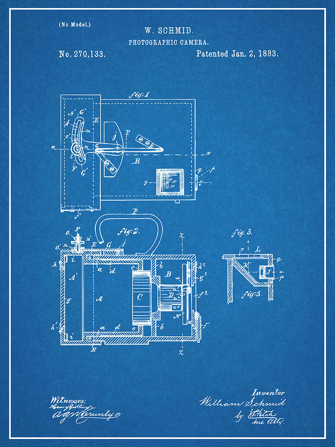 1883 Schmid Photographic Camera Blueprint Patent Print Drawing by Greg Edwards