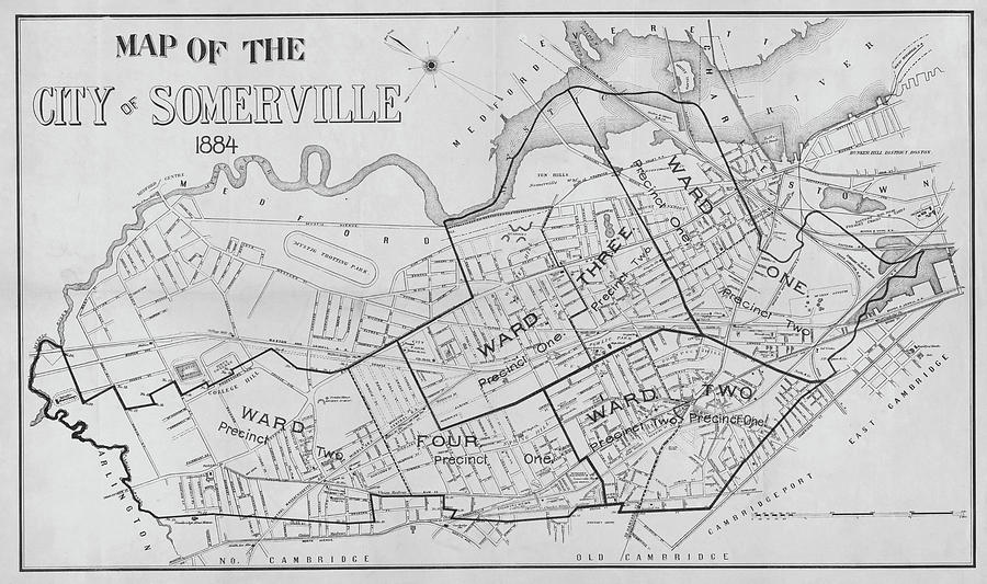 1884 City of Somerville MA Ward Map Black and White Digital Art by Toby McGuire
