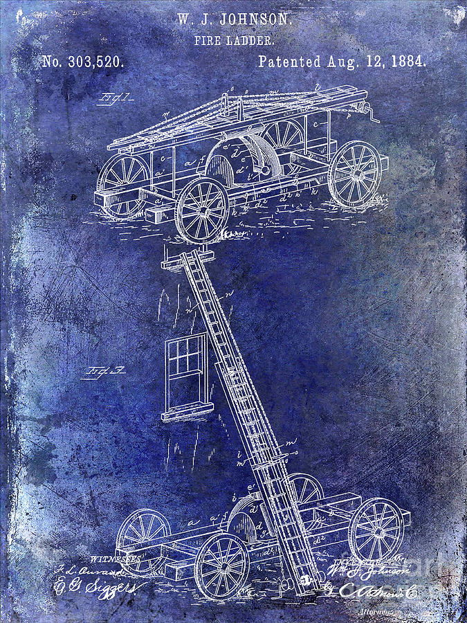 1884 Fire Ladder Truck Patent Blue Photograph by Jon Neidert